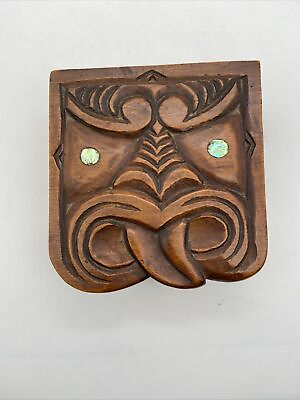 Vintage Tiki Polynesian Small Wooden Jewelry Trinket Box 4.5x4.2x1.8”