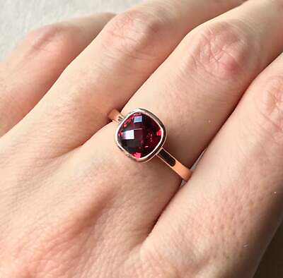 14K Rose Gold Plated Natural Garnet Engagement Ring Cushion Cut Genuine Jewelry
