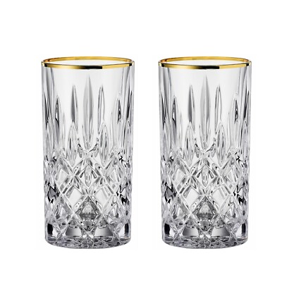 #ad Nachtmann Noblesse Gold Crystal Long Drink Glass w Golden Rim Set of 2