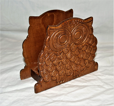 Vintage 1970#x27;s Beautiful Wooden Owl Napkin Holder 2 Sided