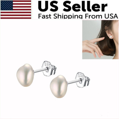 #ad Real 925 Sterling Silver Natural Baroque Freshwater Cultrued Pearl Stud Earrings