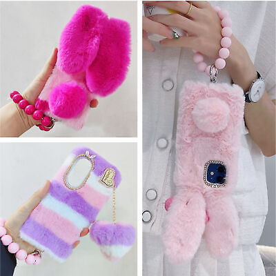 #ad 3D Girly Faux Fur Bunny Fluffy Plush Warm Phone Cover Hand Chain for Nokia Case