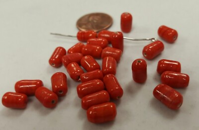 24 VINTAGE HANDMADE GLASS RED CORAL SWIRL 9x5mm. OVAL TUBE BEADS 2115