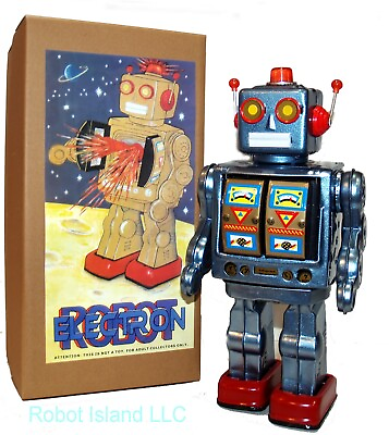 #ad ME100 Rotatomatic Tin Toy Robot Battery Operated Blue Electron Robot