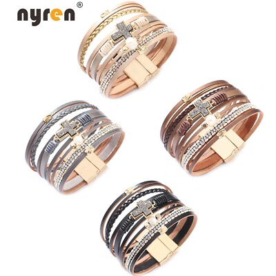 #ad Leather Wrap Magnet Bracelet Stone Cross Charms Bracelet Multi Color Women 07057