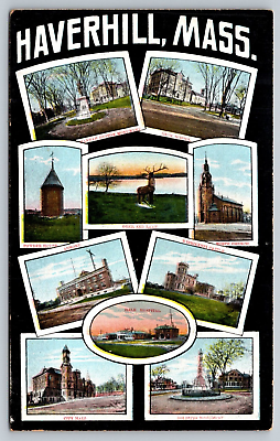 #ad Postcard Haverhill Massachusetts Multi View Monuments City Hall Church Castle