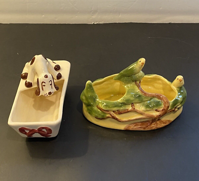 #ad Vintage Ceramic Hand Painted Planters Dog amp; Birds Lot of 2