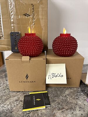 #ad Luminara 2 Ruby Red Flameless Candles Pearl Embossed Ornament W remote New RARE