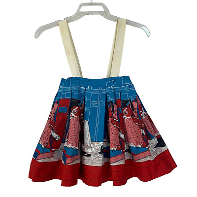 #ad Childs Vintage Pinafore Skirt Size 6 Blue Brick Red Wise Owl Books Button Straps