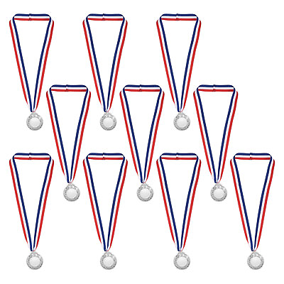 #ad Blank Award Medals 10pcs Silver Medals with Neck Ribbon