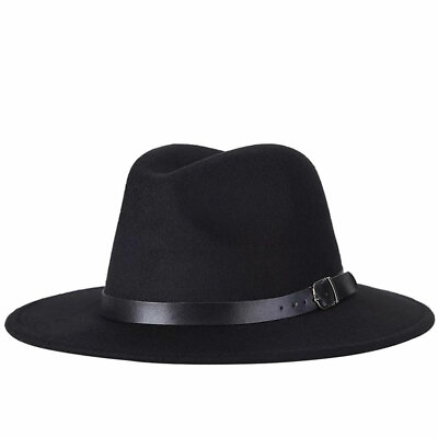 Black Vintage Men Fedora Wide Brim Cap Outdoor Casual Gangster Hat with Belt US