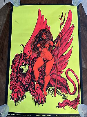 #ad 1969 Blacklight Poster Beauty And Her Beast Vintage 22x34 Mythic Cryptid Griffin