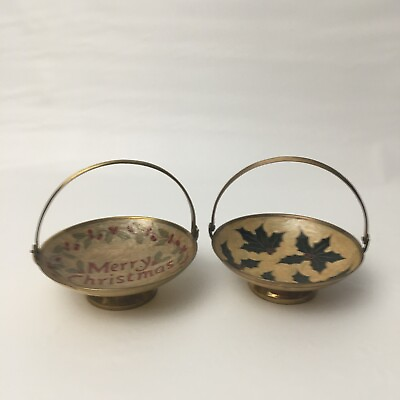 #ad Lot Of 2 Christmas Themed Enamelled Brass Bowls Trinket Dishes Decorative