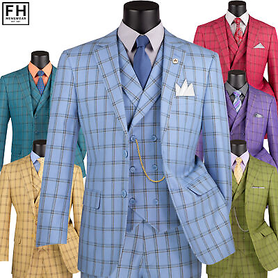#ad VINCI Men#x27;s Windowpane 3 Piece Suit 38S 56L 6 Colors Modern Fit NEW