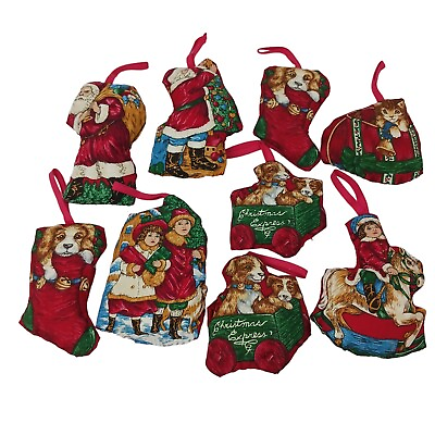 #ad Vintage Christmas Ornaments Santa Claus Dogs Carolers Handmade Handsewn Fabric