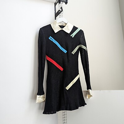 #ad Vintage 60#x27;s Women#x27;s Dress Collared Zipper Black Long Sleeve Mini Mod Sz Small