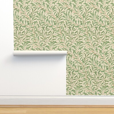 Removable Water Activated Wallpaper Cream Green Leaves Vines Floral Antique