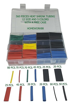 #ad 560 PCS. 2:1 HEAT SHRINK TUBING TUBE SLEEVING WRAP CABLE WIRE 5 COLORS 12 SIZES