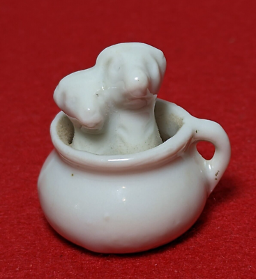 #ad Solid White Miniature Cup Containing 2 Puppies Rare Unique Vintage JAPAN Glazed