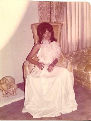 #ad AmE FOUND Photograph 1974 Lovely Lady Woman Big Hair Doo White Dress Glamour