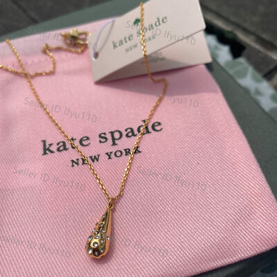 NEW Kate Spade Water Rain Drop Pendant Necklace Gold tone Crystal Pave
