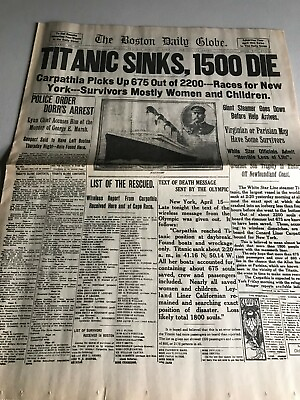 April 16 1912 reprint Newspaper SINKING OF TITANIC incredible content Replica