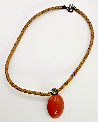 #ad Vintage Solid Carnelian Agate and Leather Necklace Choker 14quot;