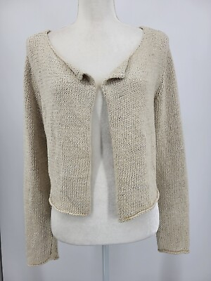 #ad Eileen Fisher Sweater Womens Medium Tan Cotton Linen Open Front Chunky Cardigan