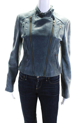#ad Catherine Malandrino Womens Leather High Neck Long Sleeve Jacket Blue Size XS