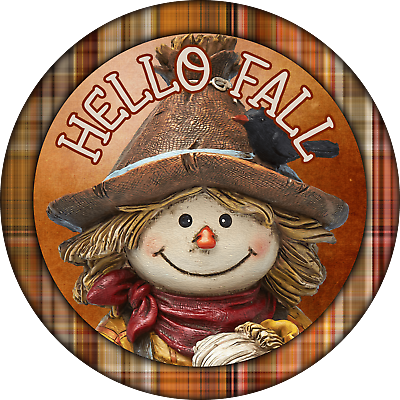 HELLO FALL Design With Scarecrow amp; Striped Border Metal Sign READ DESCRIPTION