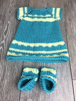 #ad Handmade Knit Baby Doll Dress With Shoes Striped Teal Blue And Yellow