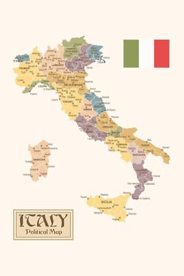 #ad #ad Political Map Of Italy Regions Provinces States Flag Vintage Style Poster 24x36