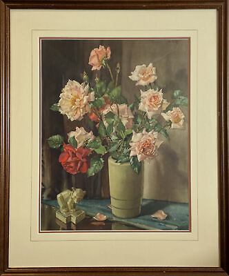 #ad Edwin Byatt Signed Watercolor Still Life of Roses in a Vase