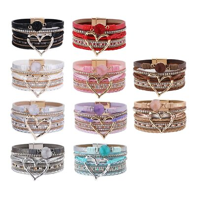 #ad Leather Wrap Magnet Bracelet Love Heart Charms Bracelet Multi Color Women 07113