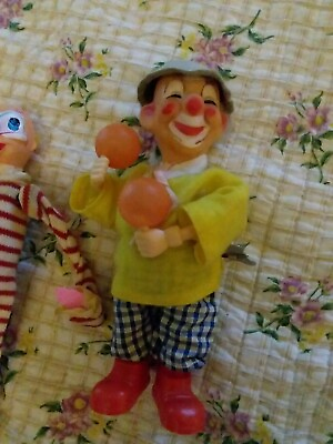 #ad Vintage lot tin toy Wind up CLOWN playing Maracas tumbling wind up clown