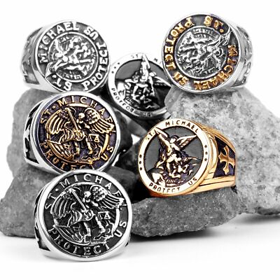 316L Stainless Steel St Michael Men Ring Lucky Talisman Religious Personality