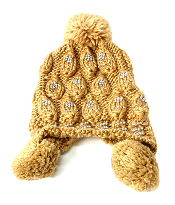Girls Wolly Cable Hat Brown Rhinestones Pom Poms