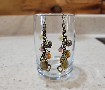 #ad 3quot; Dangle Brass Chain Beads Charms Locket Earrings
