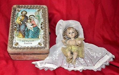 #ad #ad ANTIQUE 1900 FIGURE BABY JESUS IN HAND MADE BOX from SPAIN BEVELED GLASS