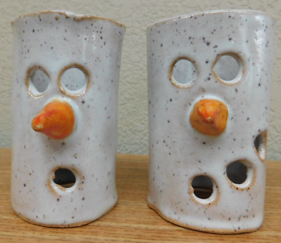 #ad Stoneware Luminary Boho Mud And Maker Home Made Snowman Face 4quot; Lot Of 2