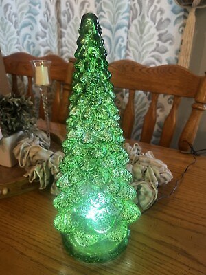 #ad 16” Green Mercury Glass Kaleidoscope Light Show Christmas Tree By Valerie QVC