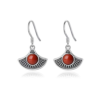 #ad Navajo Real 925 Sterling Silver Red Jasper Fan Leaf Wire Hook Earrings