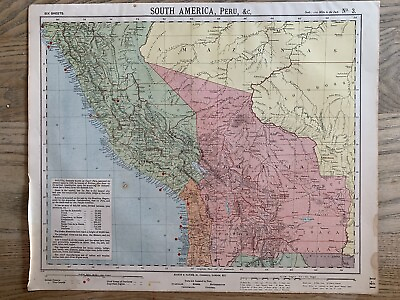 #ad 1889 PERU amp; BOLIVIA ORIGINAL ANTIQUE MAP BY LETTS SON amp; Co. 131 YEARS OLD