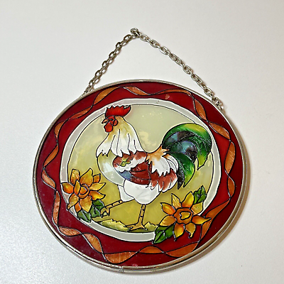 #ad Vintage Stained Glass Suncatcher Window Hanging Rooster Round 15cm Chain Red