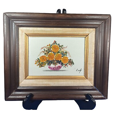 #ad MCM Still Life Original Textured Oil Painting Marigold Flower Floral Arrangement
