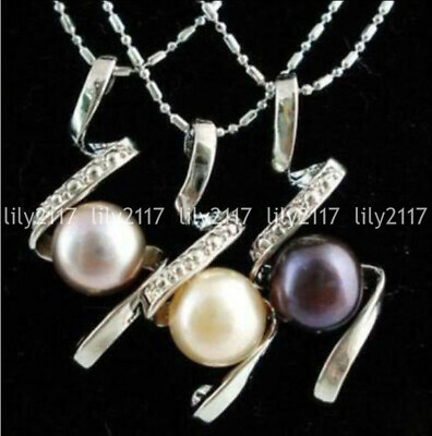 #ad 3pcs Black White Purple 8 9mm Akoya Natural Pearl Pendants Necklace 17quot;