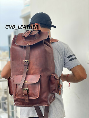 22quot; Men#x27;s Vintage Leather New Backpack Laptop Travel Shoulder Rucksack Bag