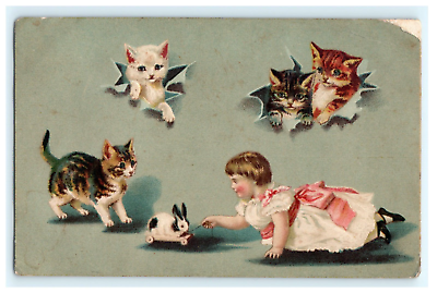 #ad Cute Girl Playing Bunny Kittens Cats Embossed Early 1900 Postcard Damaged