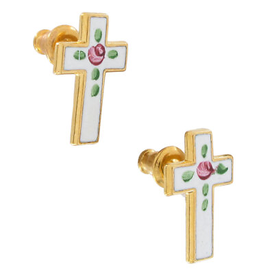 #ad Pierced Earrings Small Gold Tone White Rose Enamel Cross Stud 5 8quot; Made USA