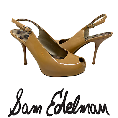 #ad Sam Edelman Evelyn Peep Toe Slingbacks Nude Beige Patent Leather Sz 7.5 Heels